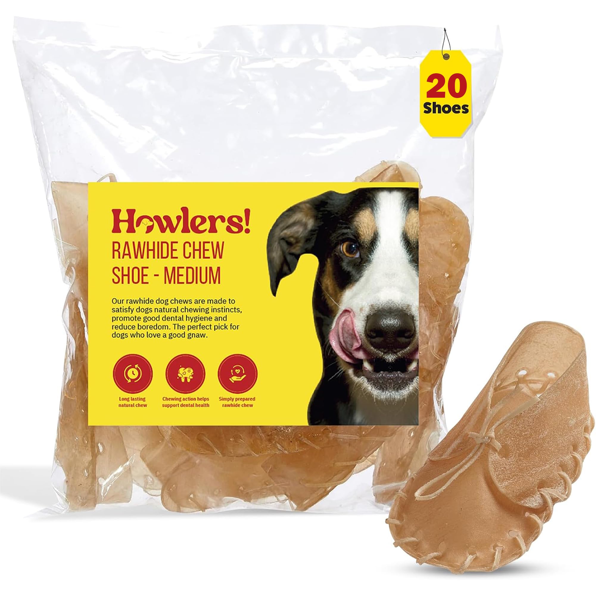  - Howlers Rawhide Dog Chews Treat Shoe Natural  12.5Cm Pack Of 20