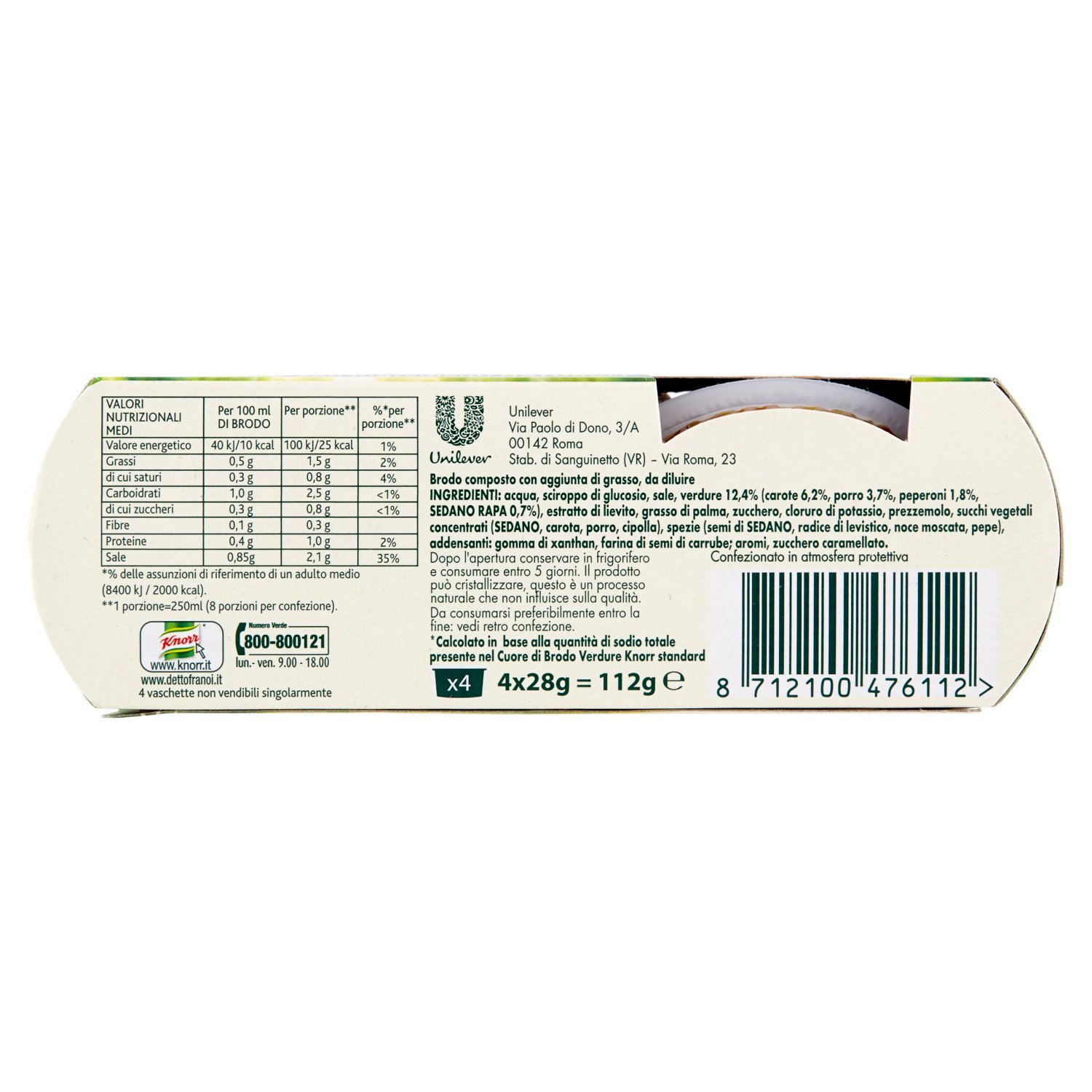 Knorr - Cuore di Brodo Vegetale, gia' Pronto, da Diluire - 12 confezioni da 4 pezzi da 28 g [48 pezzi, 1344 g]