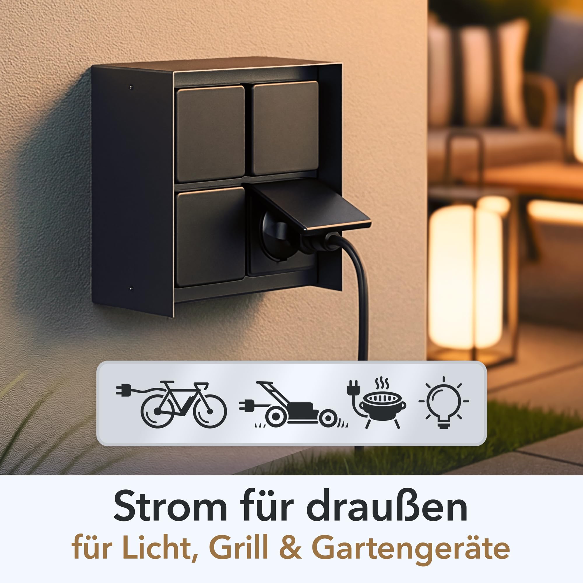 ledscom.de Außensteckdose 4-Fach STEDDA und 2m Kabel, IP44, Edelstahl schwarz quadratisch, Steckdosen für Garten, Terrasse und Außenbereich