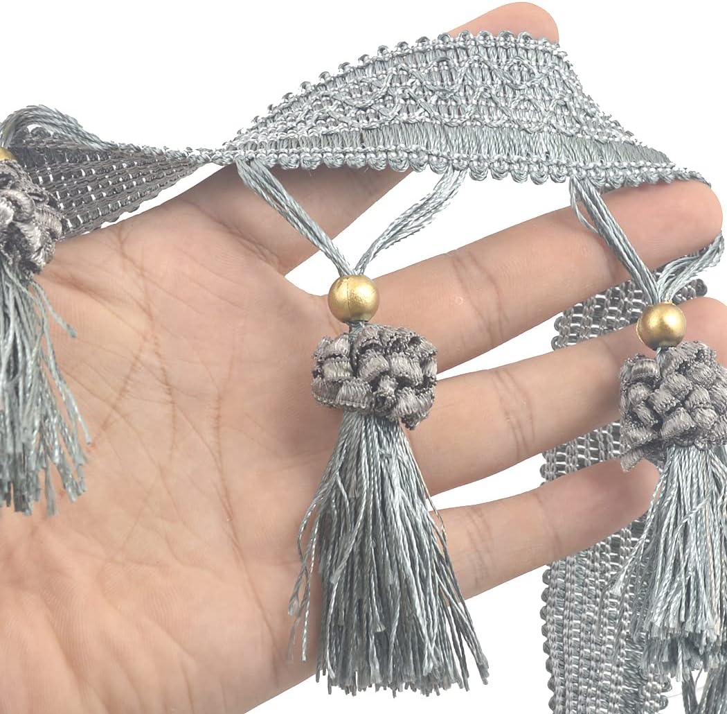 Fringe Tassel Lace Trim 12.5 Yards Braided Hanging Beads Handwork DIY Craft Sewing Accessory Lace for Home Curtain Table Decoration (Light Blue)