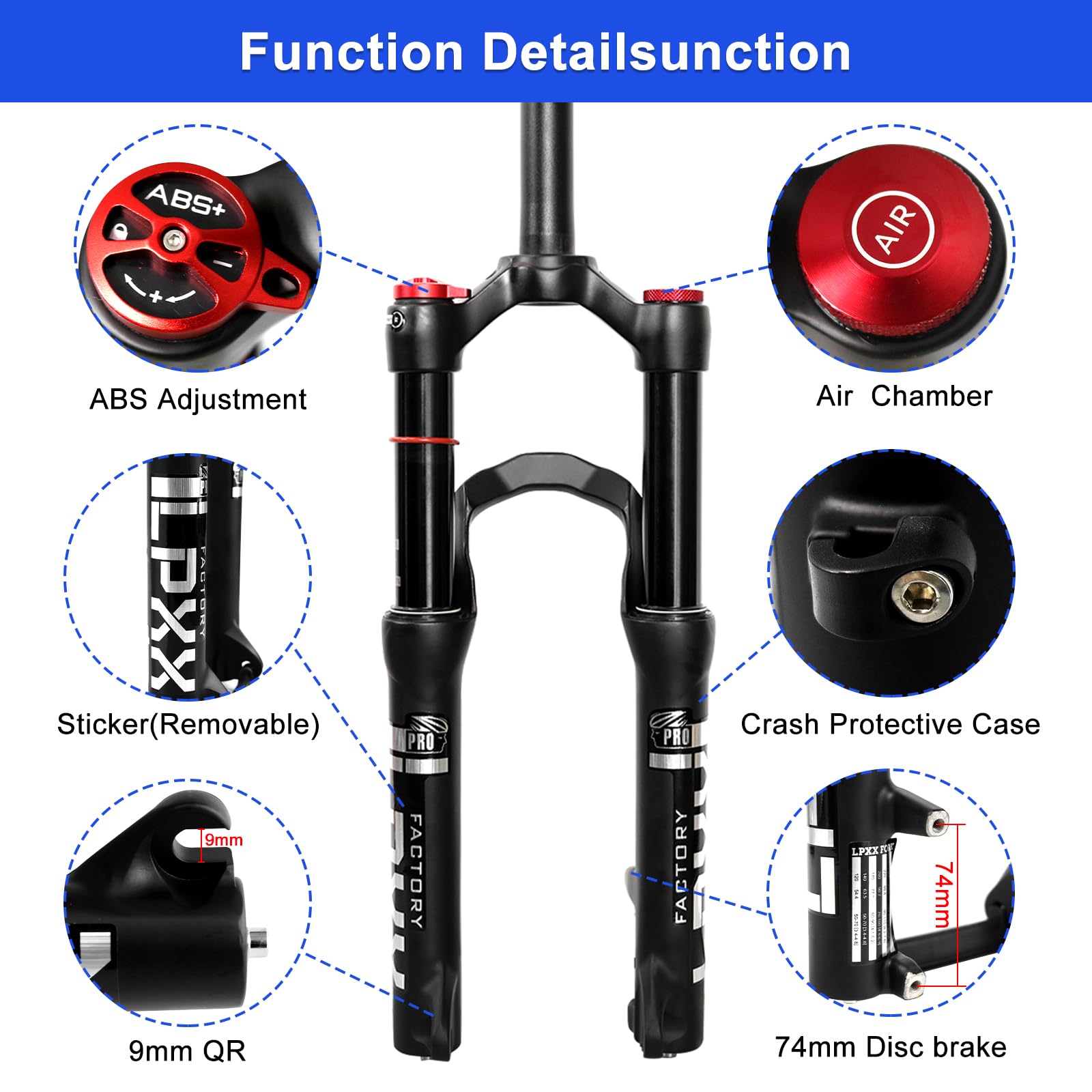 Horquilla de suspensión neumática de bicicleta de 20 pulgadas, 120 mm de viaje, horquilla QR MTB de 9 mm, tubo recto de 1 1/8 pulgadas, bloqueo manual, horquilla delantera de freno de disco