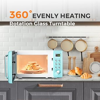 0.7Cu.ft Mini Microwave Countertop, 700W Retro Microwave w/ 5 Micro Power, Defrosting Settings, Glass Turntable & Viewing Window, LED Display, Child Lock, Perfect for Small Space (Mint Green)