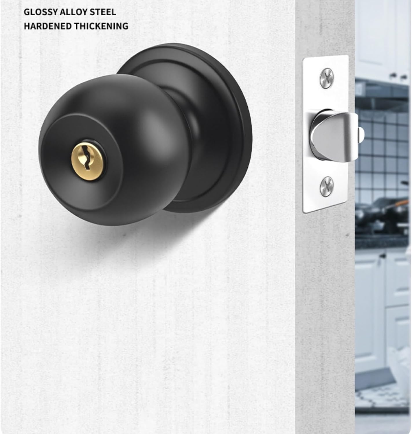Door Knob 4 Pair Exterior Door Knob with Key Lock and Deadbolt Three-bar Door Locks Integrated Locks Black Doors Levers(25-45mm)