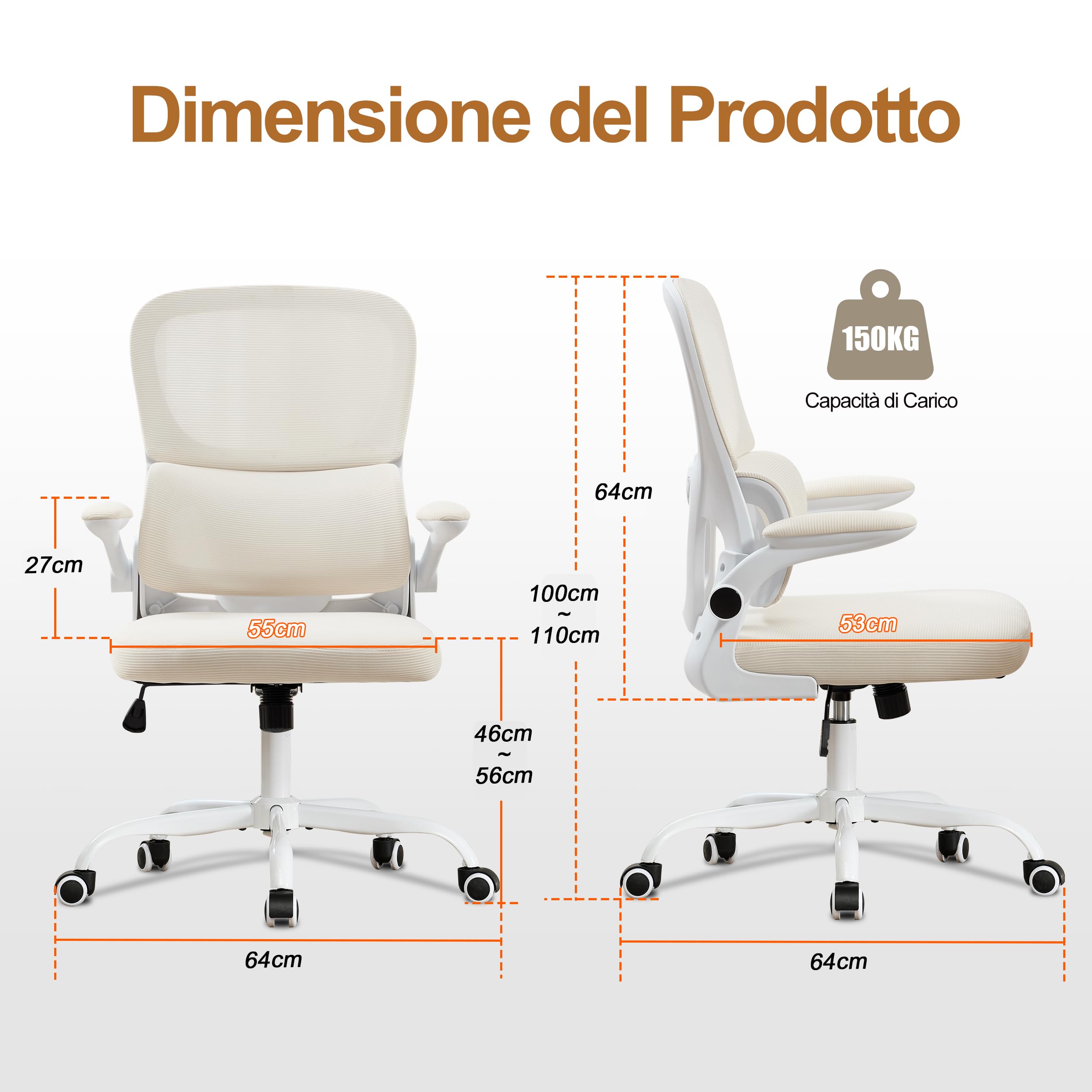 UEV Sedia a Rete con Supporto Lombare e Schienale, 65x58x100-110cm, Beige | Sedia da Ufficio Ergonomica con Multi-Regolazione, Sedie da Scrivania Salvaspazio con Braccioli Ribaltabili