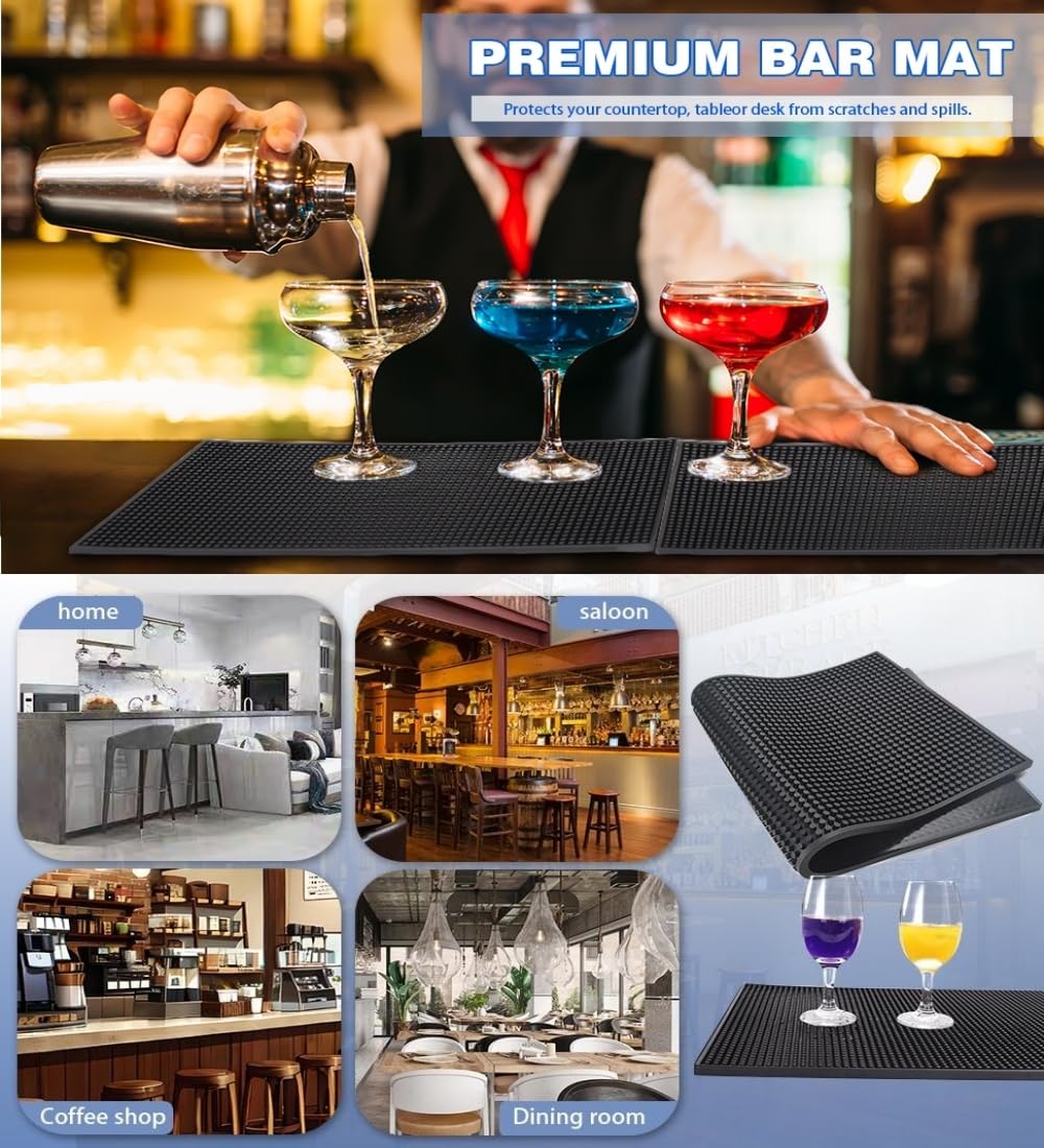 Juego de 4 alfombrillas de bar duraderas de 0.4 pulgadas de grosor para derrames, para cafeterías, restaurantes y encimeras, tapete de secado de platos de vidrio (negro, 1 unidad/18 x 12