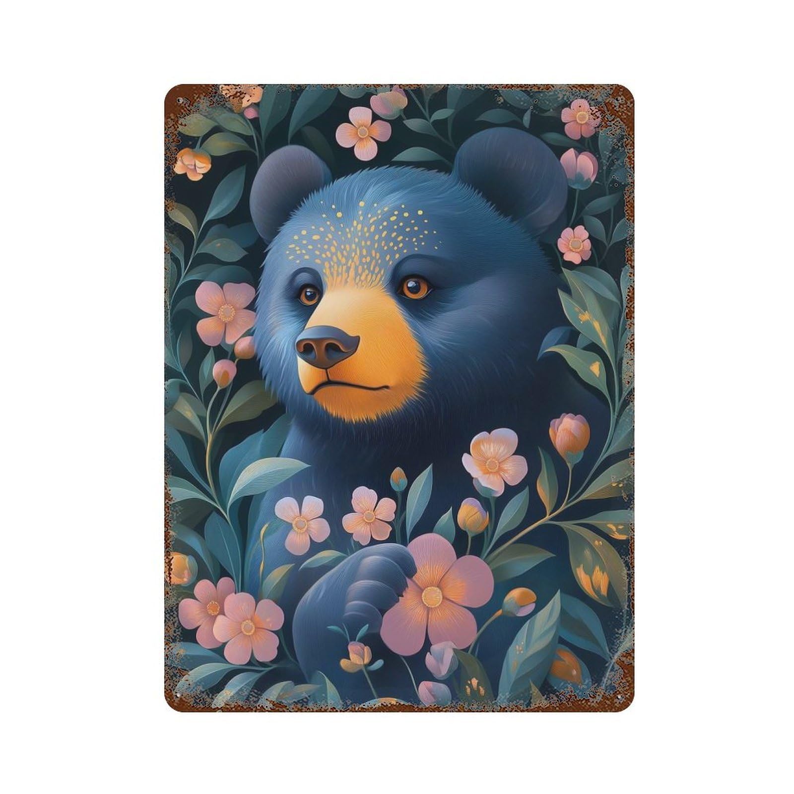 Blue Bear in Bloom Animal Retro Metal Sign 15.7"x11.8", Vintage Wall Decor for Bistro, Counter And Cafe Decor