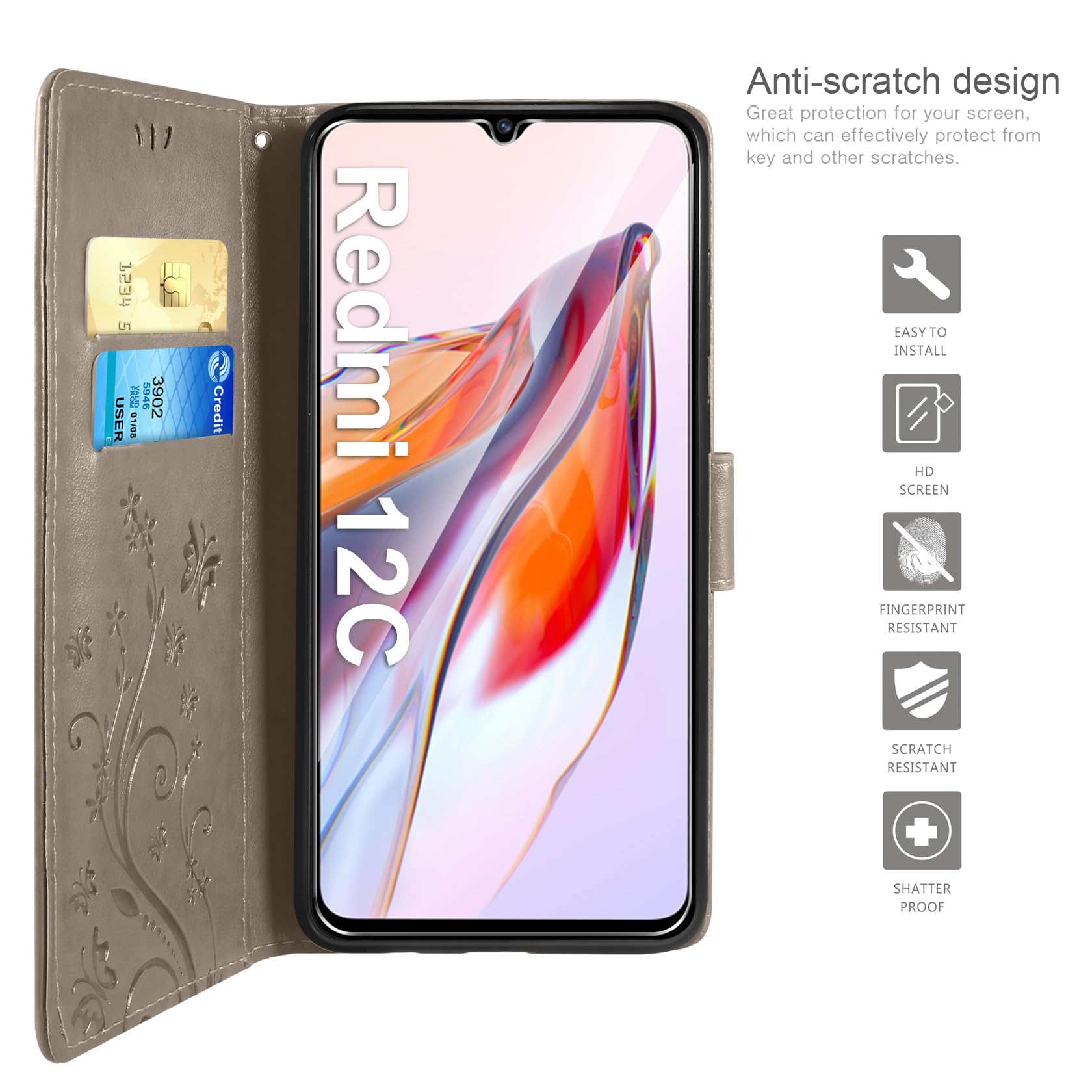 KANVOOS Coque Pour Xiaomi Redmi 12C / Redmi 11A, Etui Protection Housse Premium En Cuir PU, Antichoc Étui à Rabat Portefeuille Flip Case Pour Redmi 12C / Redmi 11A (Gris