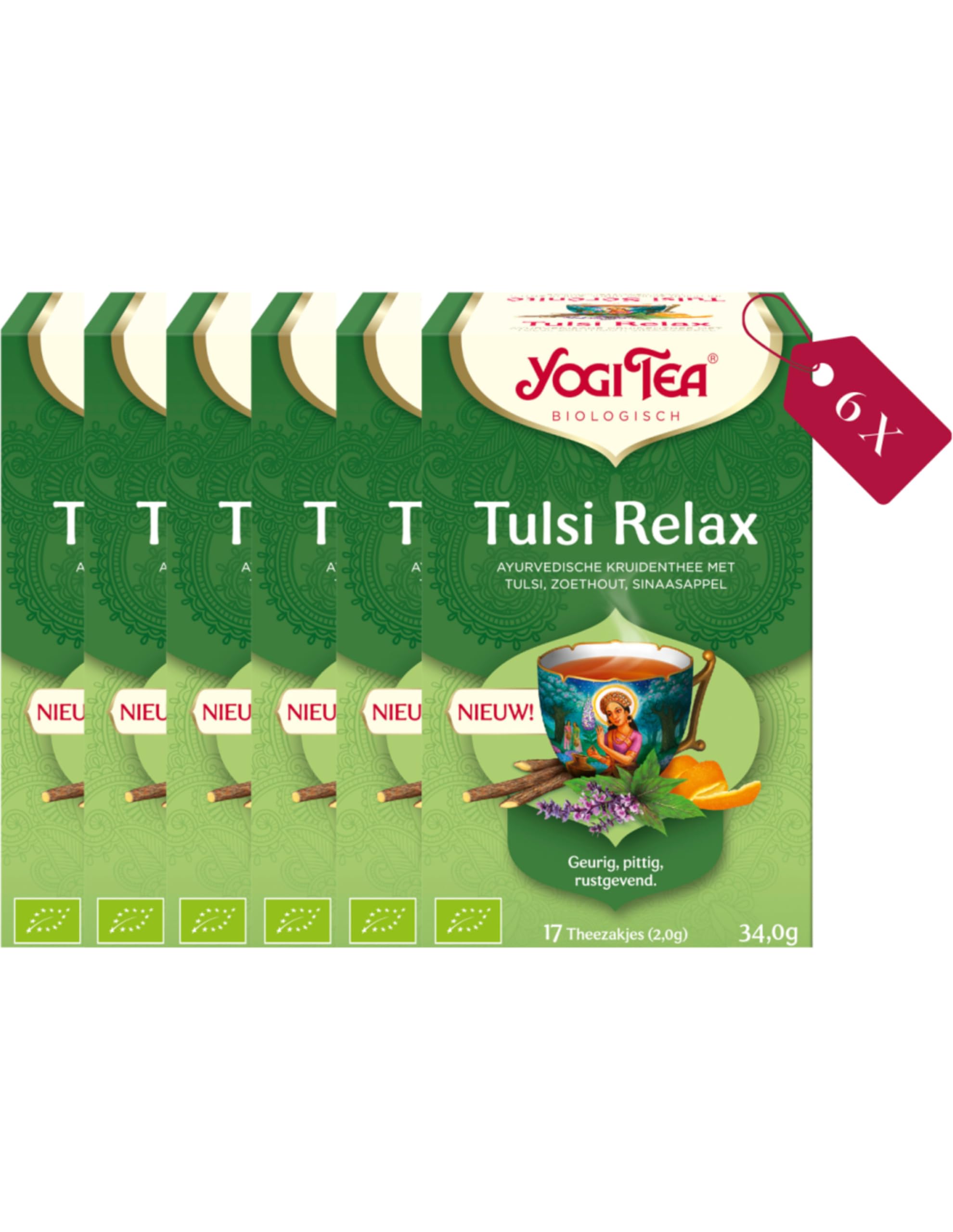Yogi Tea Tulsi Relax – organiczna herbata ziołowa z Tulsi, rumiankiem i cynamonem do relaksu i wewnętrznego odpoczynku, taca 6 szt