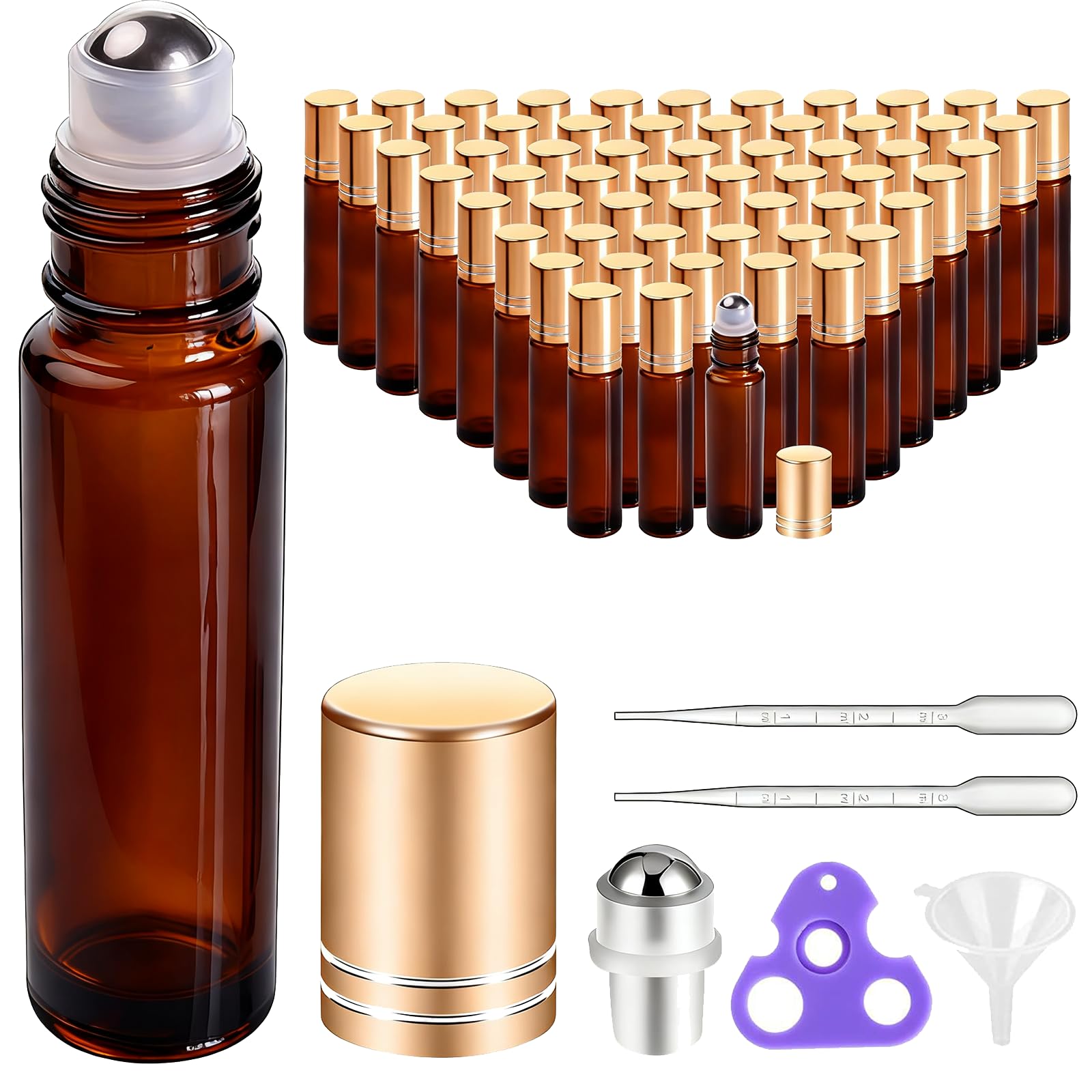 PrettyCare Roller Bottles For Oils 10 ml (Amber Glass, 60 Pack, 10 Extra Stainless Steel Balls, 72 Labels, 4 Opener, 4 Funnels Essential Oil Roller Bottles, Roller on Bottles