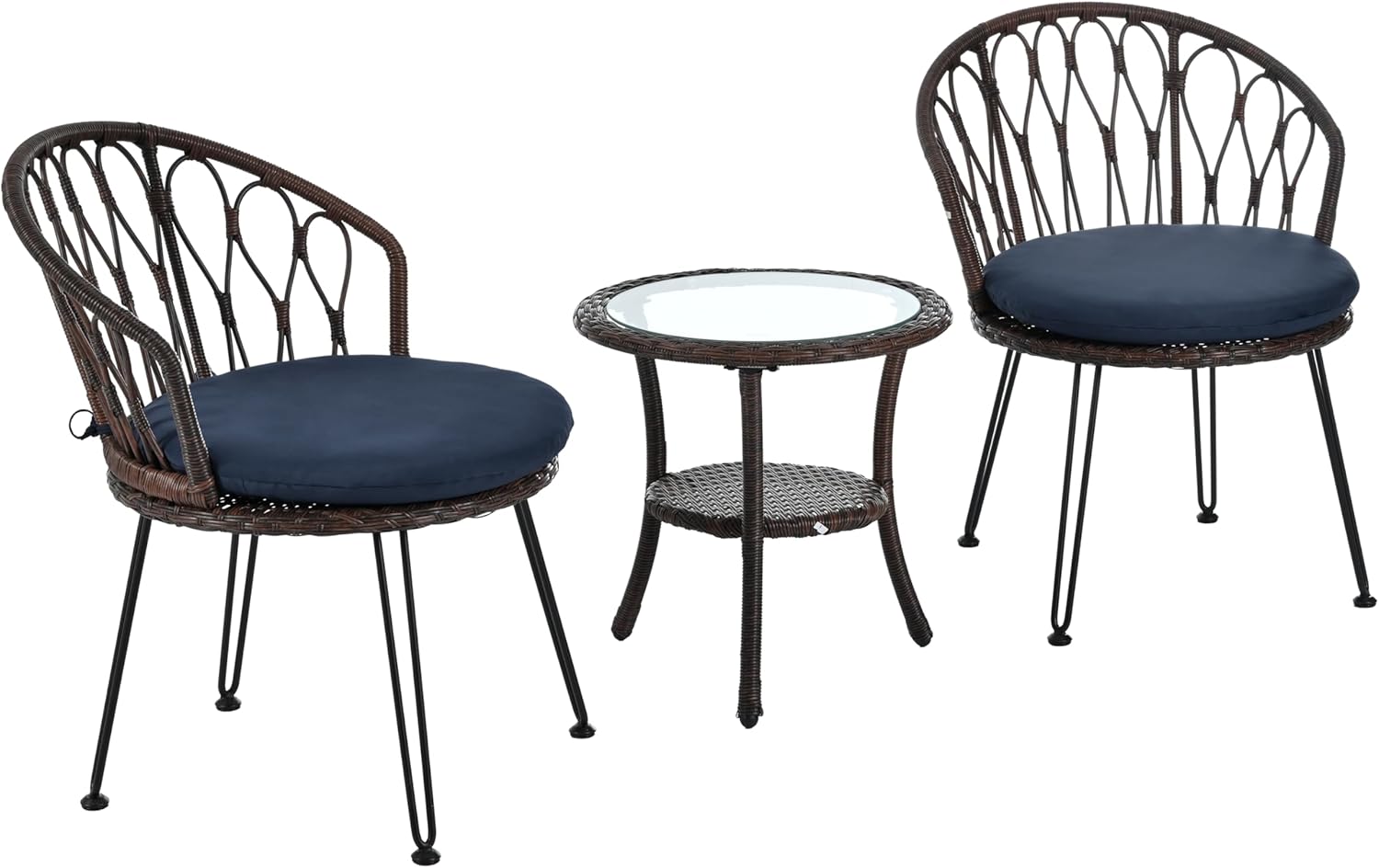 Outdoor Rattan Chair Set with 2 Chairs and Glass Round Table, Patio Balcony Garden Furniture, Lightweight Weatherproof for Leisure Relaxation