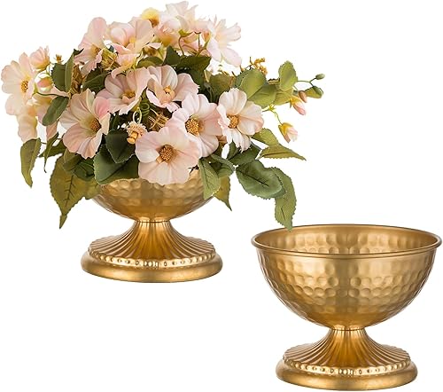 Sziqiqi Jarrón dorado para flores, centro de mesa de boda, juego de 2 jarrones de metal vintage para flores artificiales, pequeño jarrón martillado