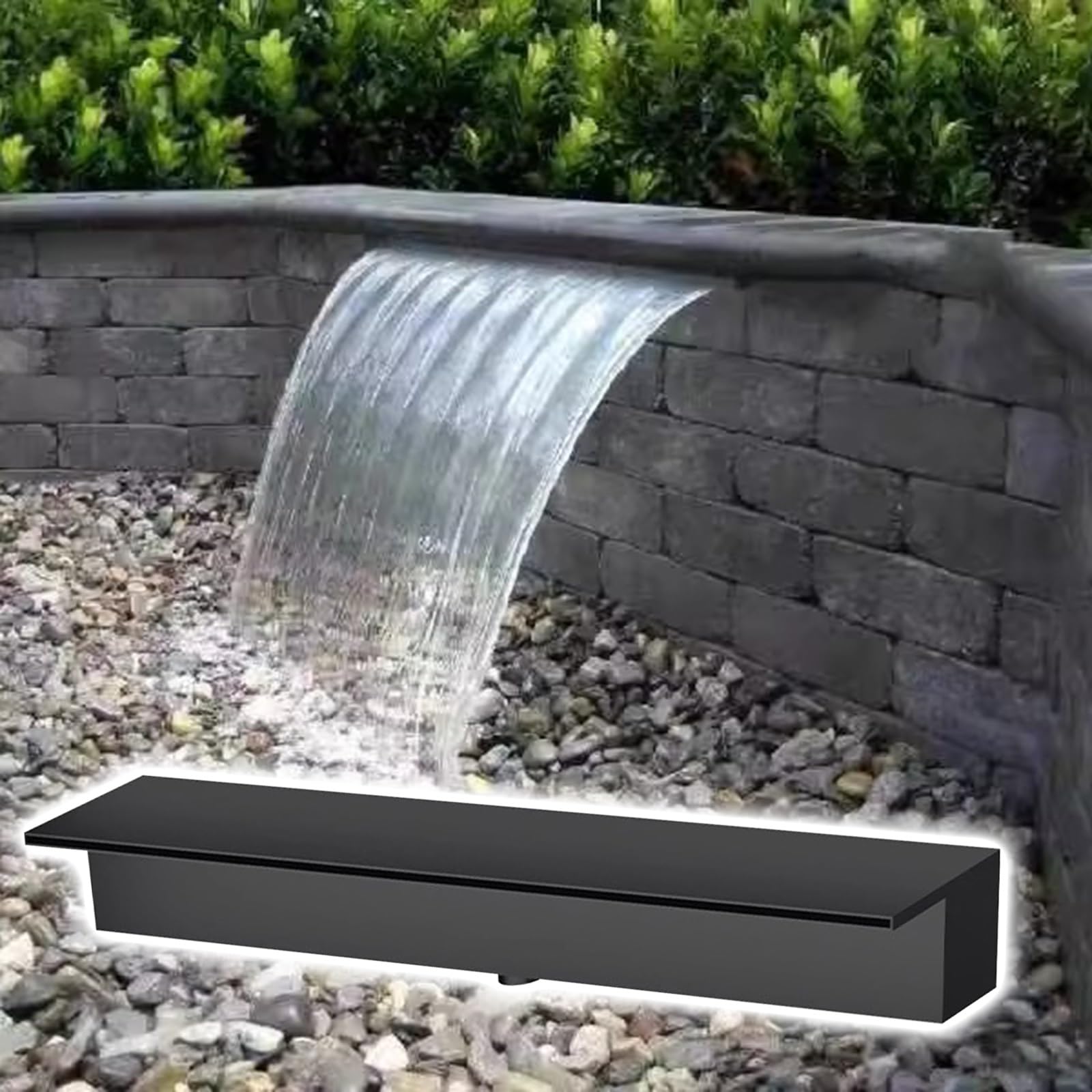 Edelstahl-Wasserfall-Überlaufset zur flächenbündigen Montage, 100 cm (39,4 Zoll) großer Innen-/Außenbrunnen mit langem Schlauch für Private und gewerbliche Nutzung – Schwarze Ausführung, LAN