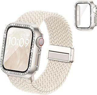 【Straplanet】コンパチブル Apple Watch ケース付きバンド 42mm 40mm 41mm 44mm 45mm 46mm レ編み込み 強力金属磁気バックル調節 通気性 柔軟 可伸縮 一体型セット全面保護 耐衝撃 iWatch Series 11 10 9 8 7 6 5 4 SE SE2/3 apple watchカバーキラキラ クリスタルダイヤ付き 簡単装着 気分転換 男女兼用