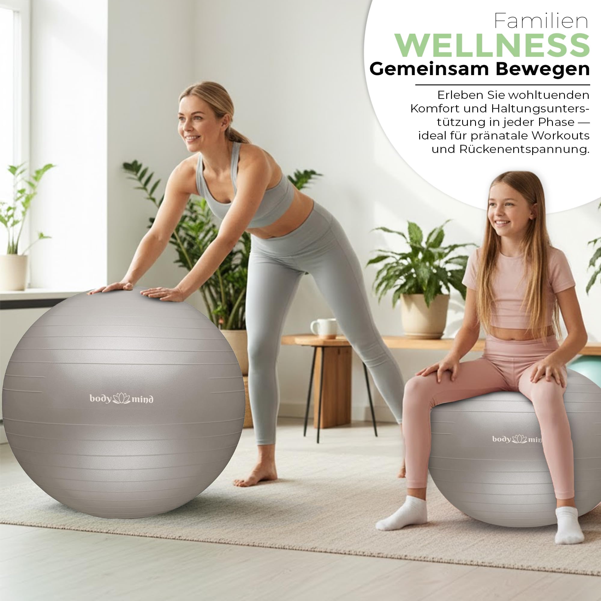 Body & Mind Gymnastikball inkl. Luftpumpe - Anti-Burst Pilates Ball, Pezziball für Schwangerschaft Ergonomischer Sitz als Büro-Stuhl, Sitzball für Yoga, Gymnastik & Workout