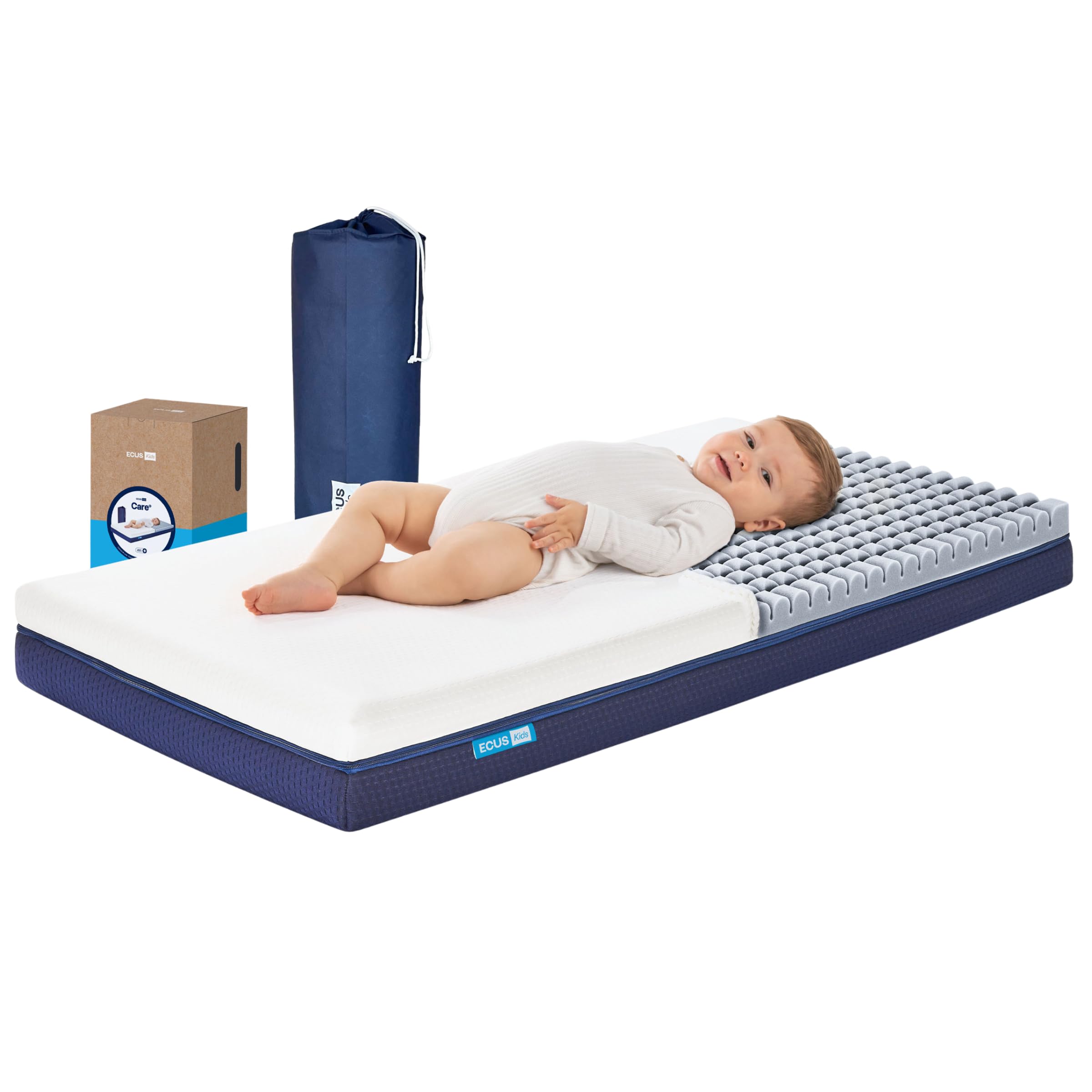 ECUS Kids Colchon Cuna 60x120 cm Modelo Care, Previene la Plagiocefalia. Certificado Sanitario. Colchón Bebé Desenfundable, Hipoalergénico y Transpirable con Altura de 12cm