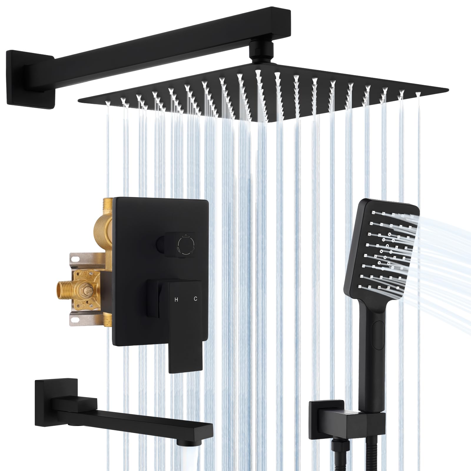Rainfall Shower System with Tub Spout, 10-inch Square Bathroom Shower Faucet Set with 3 Function Handheld Spray, Wall Mounted, Matte Black, Shower Valve and Shower Trim