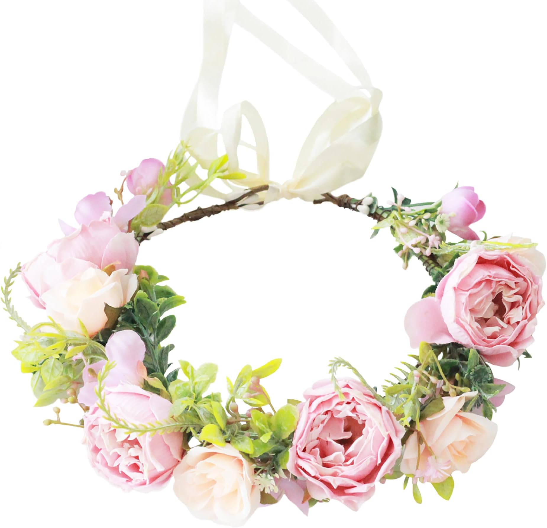 BrikuinrBridal Floral Crown Rose Flower Headband Hair Wreath Flower Halo Floral Headpiece Boho with Ribbon Wedding Party Festival
