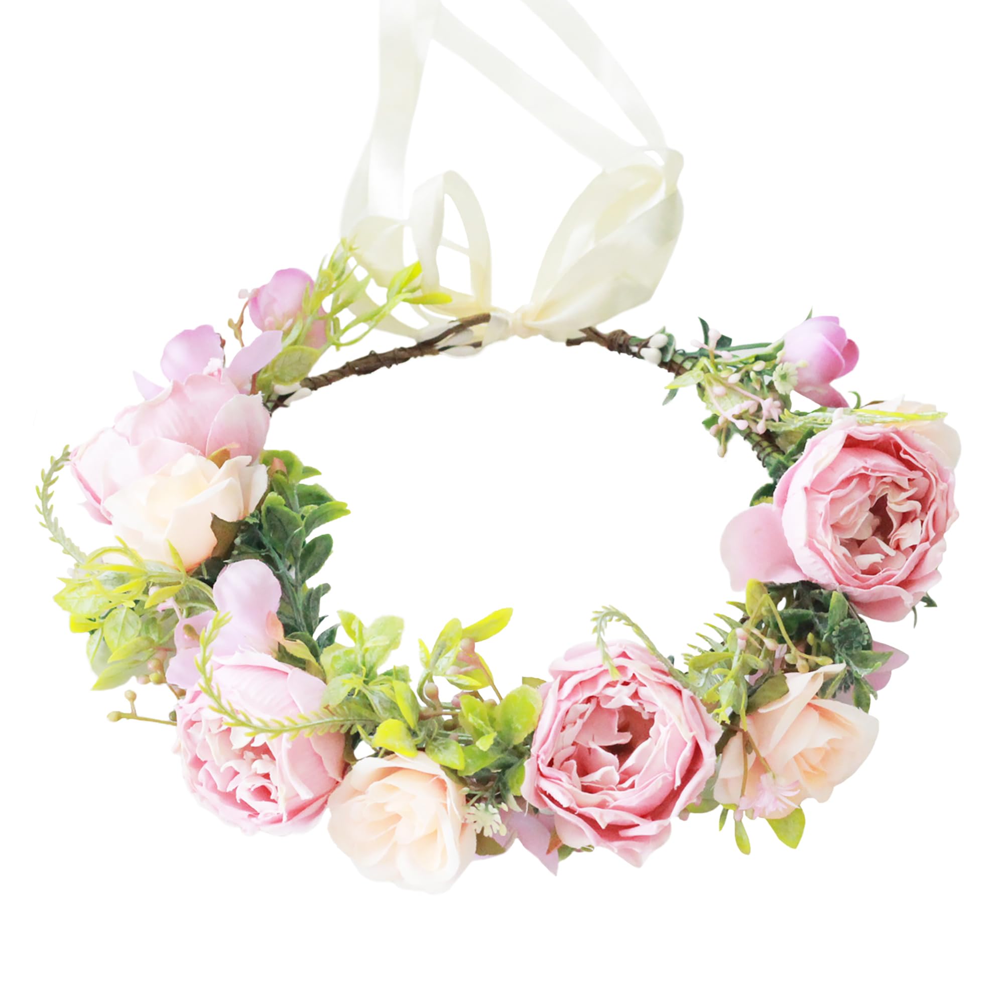 BrikuinrBridal Floral Crown Rose Flower Headband Hair Wreath Flower Halo Floral Headpiece Boho with Ribbon Wedding Party Festival