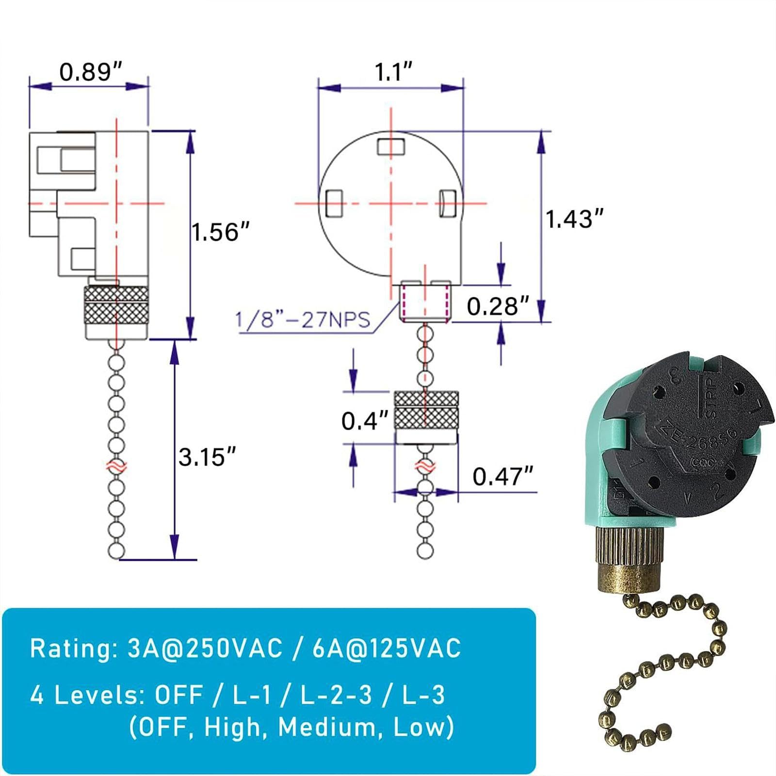 Interruptor De Cadena Para Ventilador De Techo 3 Velocidades - Con Condensador CBB61, 5 Cables, Reemplazo Universal