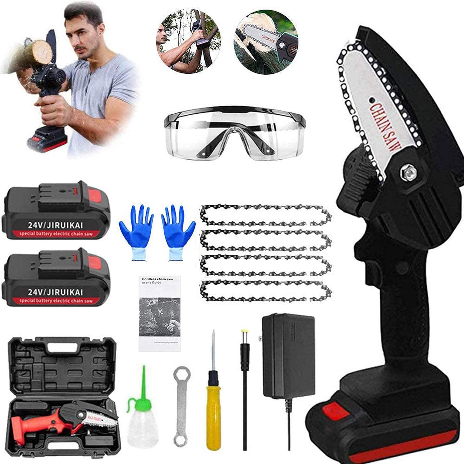 Mini Motosierra, Motosierra de Litio Recargable para Cortar Madera, Mini Motosierra eléctrica portátil de 24 V de 4 Pulgadas, Motosierra inalámbrica de Mano con 2 baterías y Cargador (Negro)