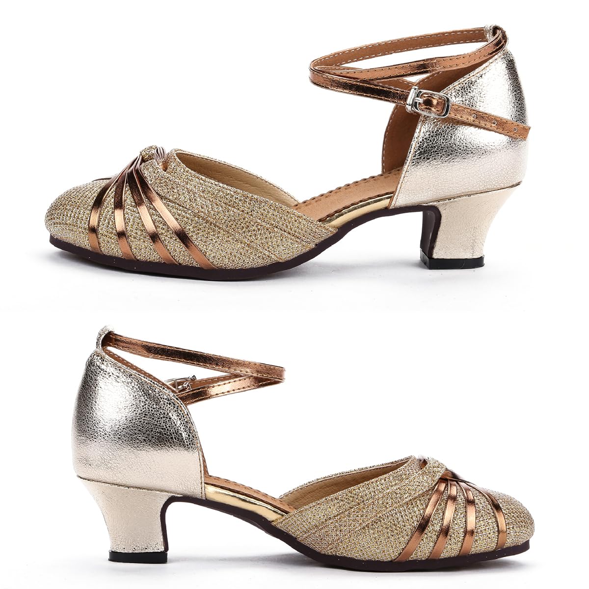 Damen Tanzschuhe Standard Latein Fersen Geschlossene Zehen Gummi Sohle(Gold 3.5cm.40 EU Normal)