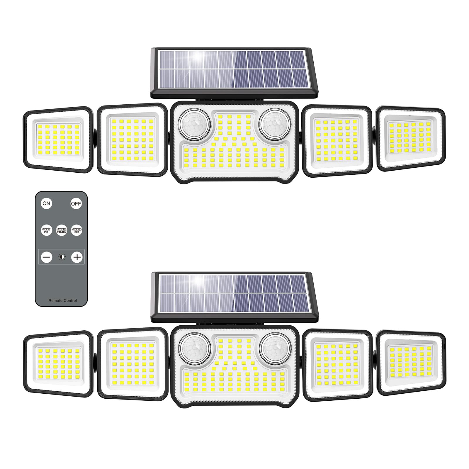 3000LM Solar Lights Outdoor, 5 Heads Solar Security Lights with Remote Control, IP65 Waterproof Motion Sensor Lights 3 Modes Flood Lights for Wall, Porch, Yard, Outside, 2 Pack