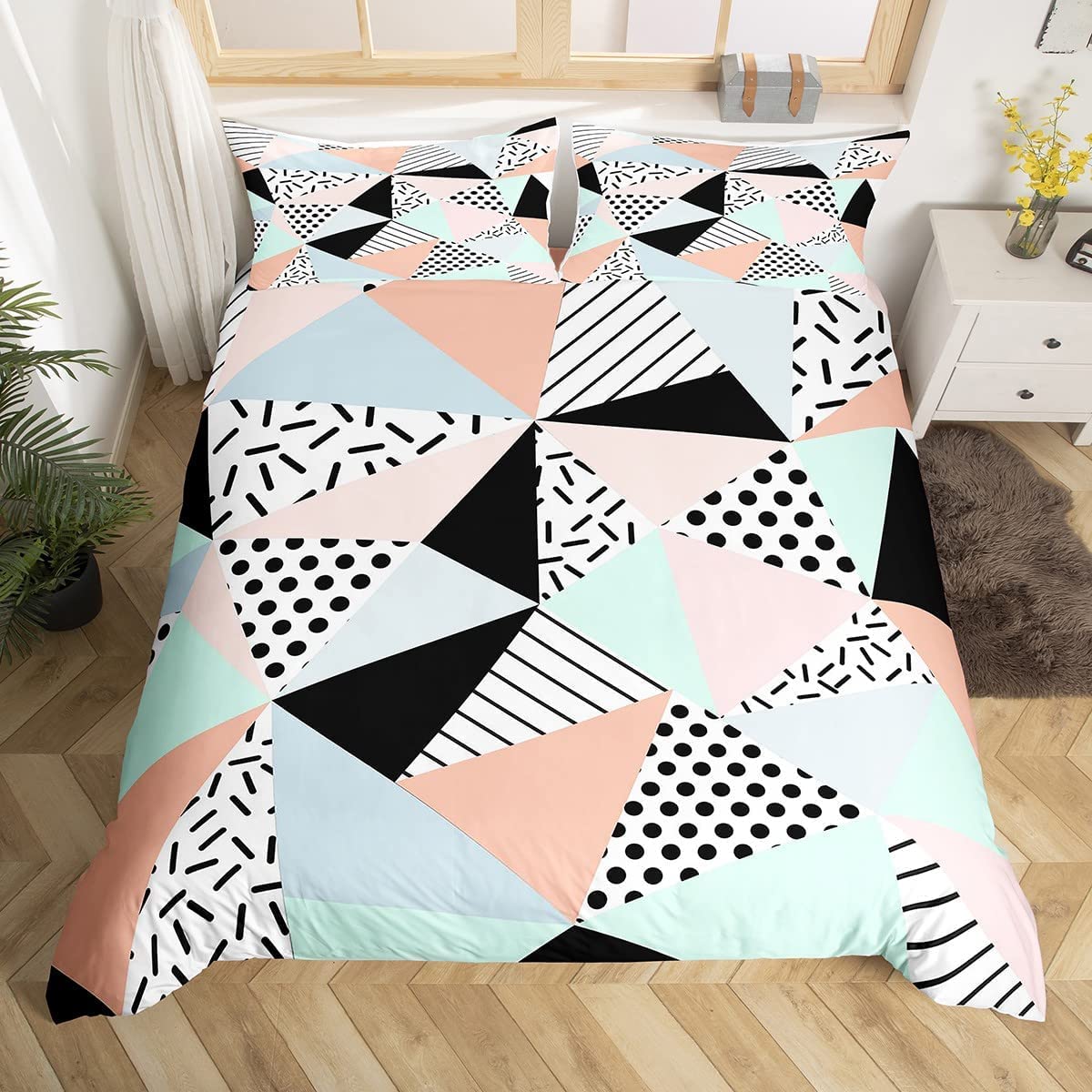 Housse de couette 200x200 triangle géométrique avec 2 taies d'oreiller