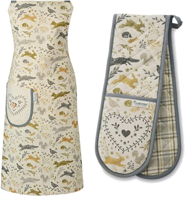 Woodland Animals Apron Set with a Lovely Animal Design. Set includes Apron and Double Oven Gloves 100% Cotton Great Gift Idea Mother's Day, Birthday