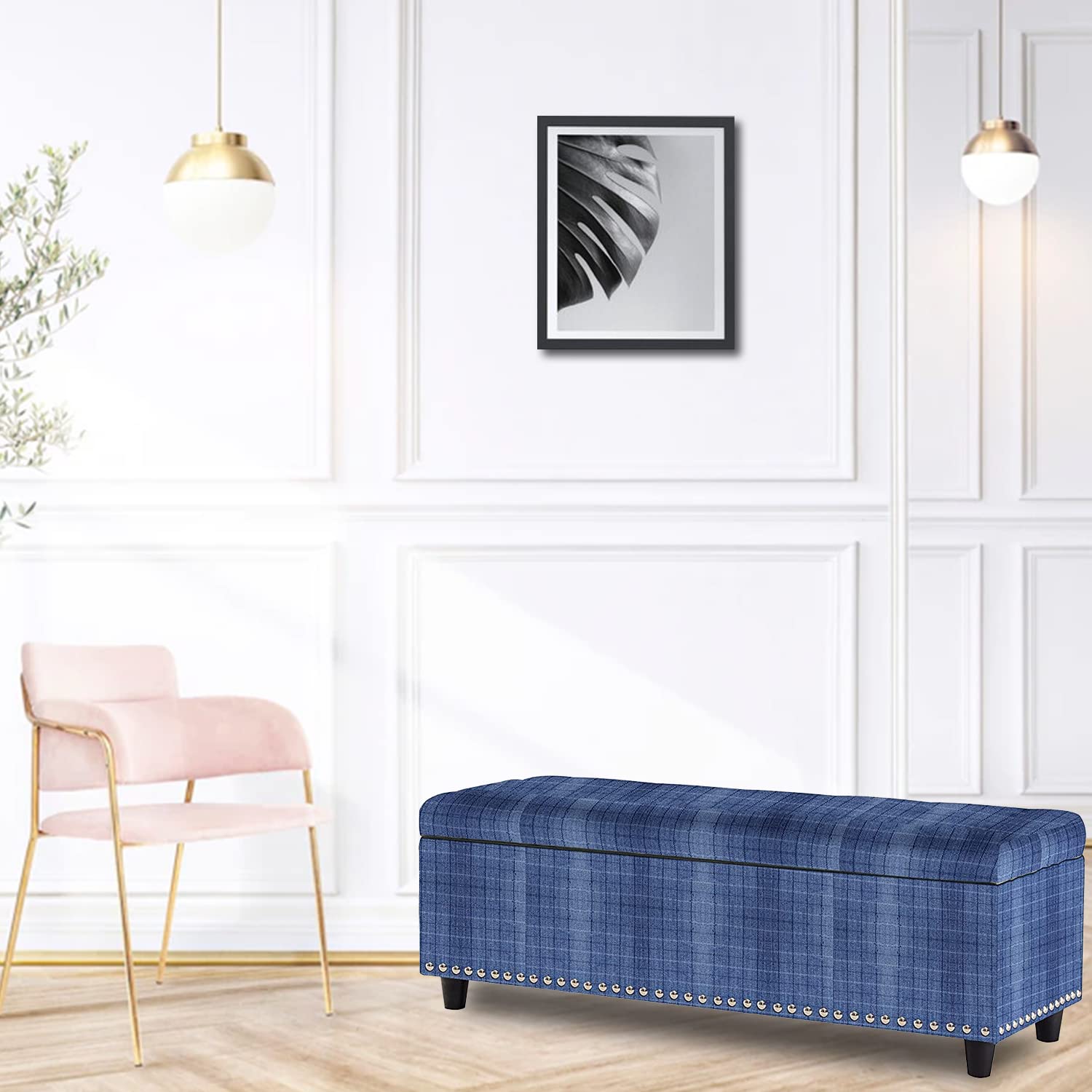 ROUNDHILL FURNITURE 2 Seater Upholstered Ottoman Bench with Storage Sofa Couch Pouffe for Living Room Bedroom Office (Blue Check) (B0BQ6NHPVK) Amazon Price History, Amazon Price Tracker
