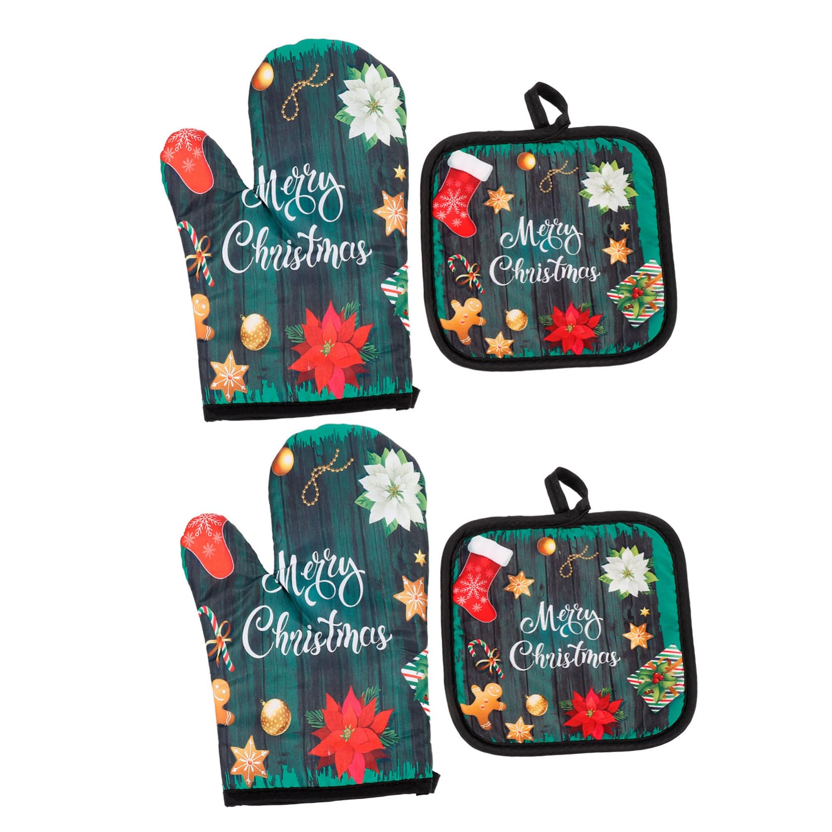 LABRIMP 2juegos Guantes De Horno Navideños y Manteles Individuales Resistentes Al Calor De Guantes y Salvamanteles para Cocina Diseño Clásico De Navidad Aislantes y Antideslizantes
