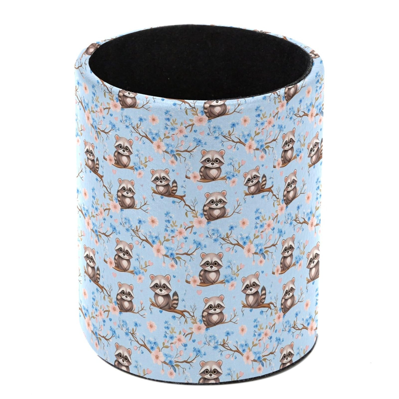 HEOEH Raccoons Floral Pen Holder for Desk, PU Leather Pencil Holder Pen Cup Marker Holder Makeup Brush Holders, Desk Accessories & Workspace Organizers for Home, Office