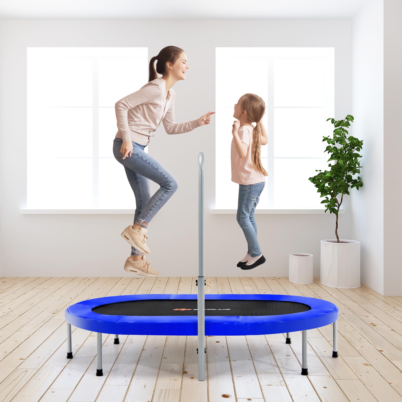 KOMFOTTEU - Trampolín doble de ocio para niños, 154 x 90 cm (largo x ancho), trampolín de fitness plegable, mango ajustable, rebotador ovalado para niños y adultos, carga máxima de 150 kg