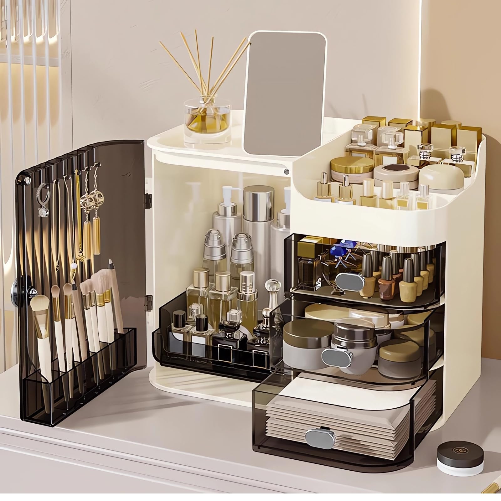 DASITON Make up Kosmetik Organizer mit 3 Schubladen,Großer Kosmetik Aufbewahrung Pinsel Organizer mit Spiegel,Makeup Organizer Schmink Aufbewahrung für Schminktisch,Badezimmer(Schwarz-Creme)