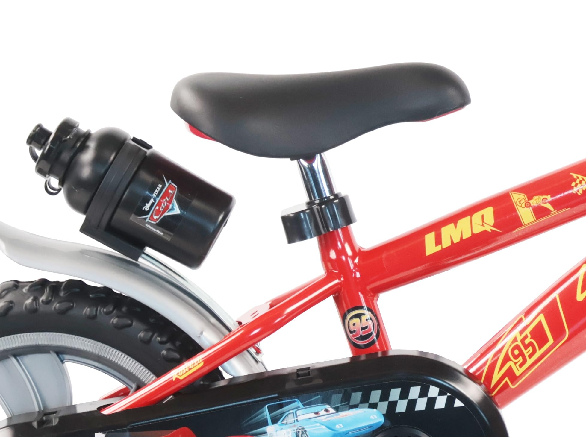 Vélo 12" Cars de Disney - 1 Frein - Pignon Fixe - Pneus Increvables EVA - Roues Bâtons - Plaque Avant décorative - 2 Stabilisateurs - Garde Boue - Carter de Protection - Porte Bidon et Bidon arrière