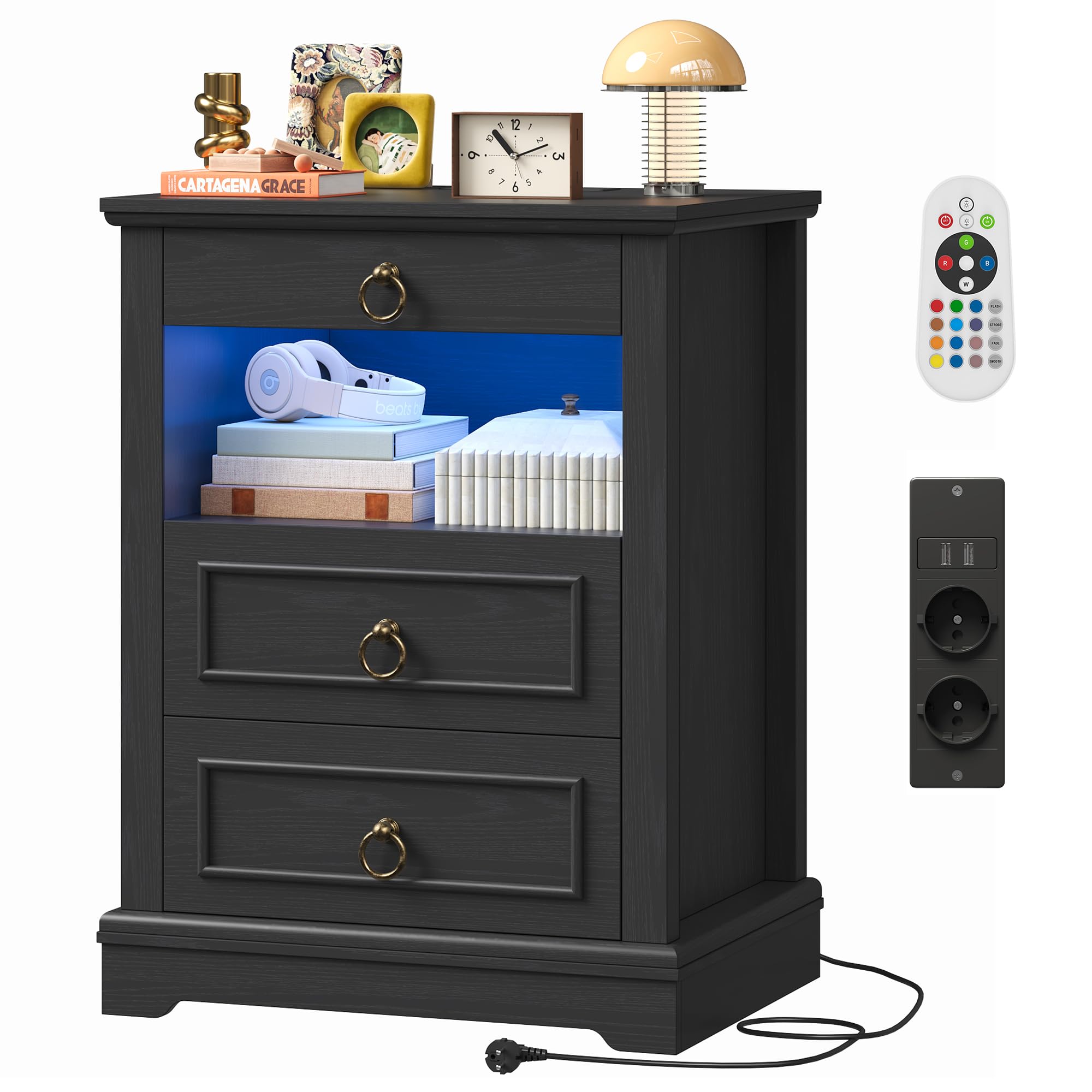 Comodini Camera da Letto, Stazione di Ricarica, Luce LED, Retro | 2 Prese AC e Porte USB, 47 x 40 x 66 cm, Cassettiera Camera da Letto, per Corridoio, Soggiorno, Bianco/Nero, Venature Legno