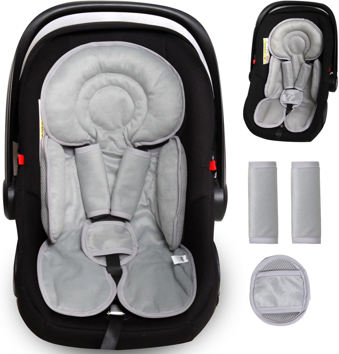 Infant Car Seat Insert for Newborn Girls Boys, 3 in 1 Reversible Cushion for Carseat with Strap Pads Buckle Cover Extra Soft Carseat Support Pad for All Season, Grey