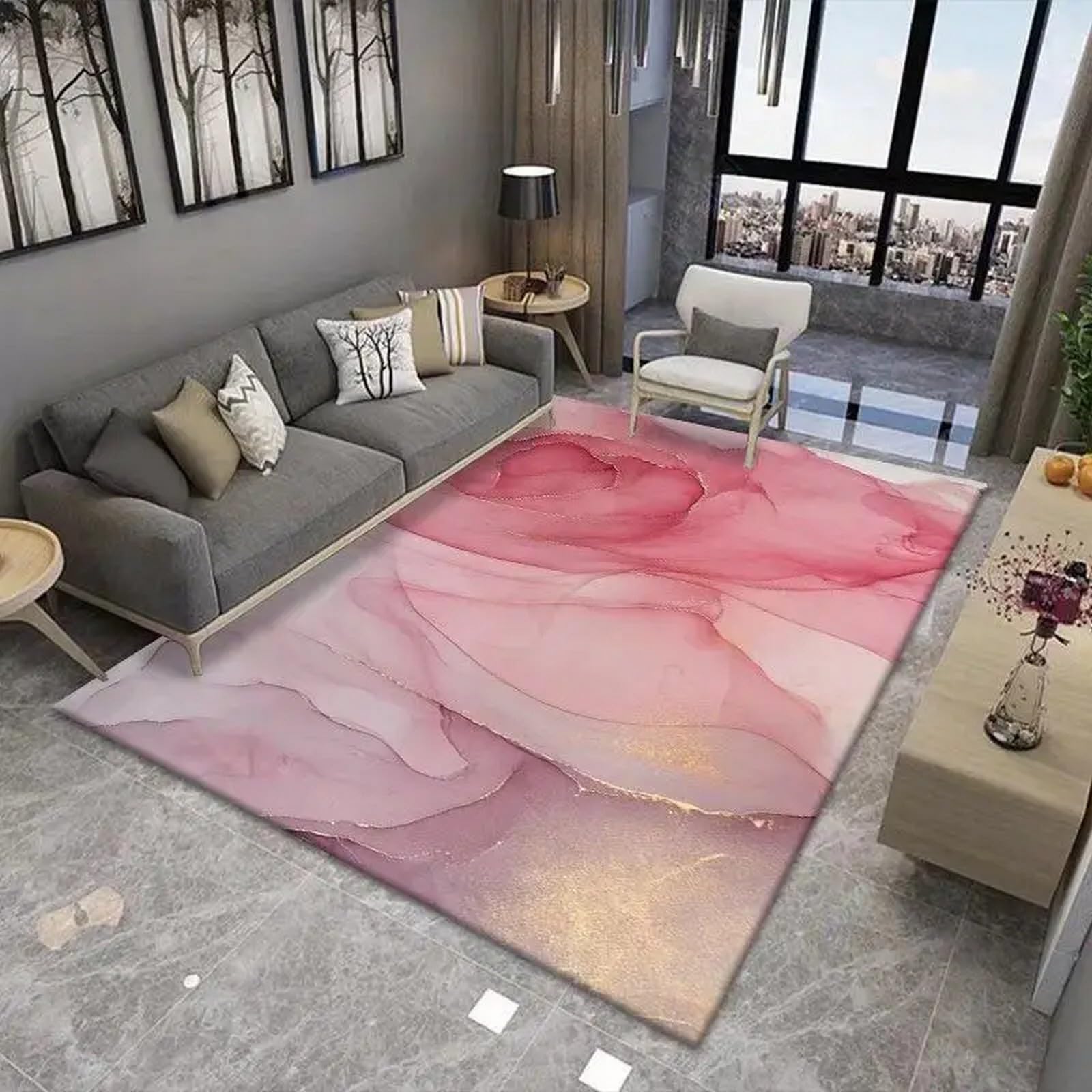 Tapis salon anti-poussi&egrave;re marbre 3D polyester lavable