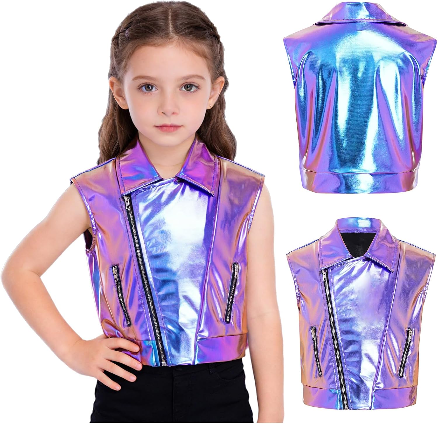 Girls Boys Shiny Zip Up Cropped Vest Disco Shirt Rave Party Sparkly Coat Sequins Waistcoat for Performance