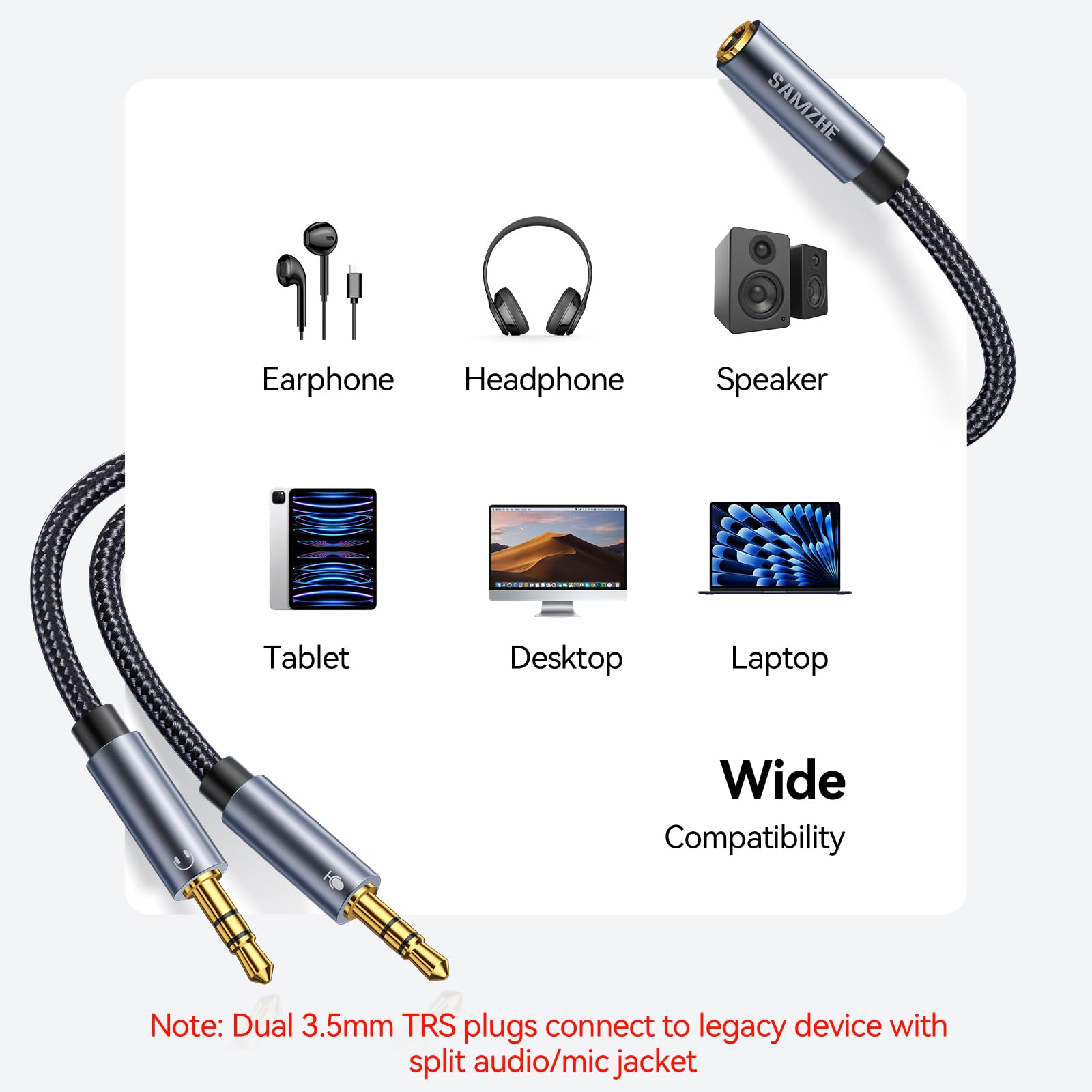 SAMZHE Divisor de auriculares para computadora de 3,5 mm hembra a 2 cables dobles de 3,5 mm macho trenzado de audio divisor de audio para micrófono, conector estéreo, cable de puerto de auriculares