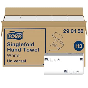 Tork Singlefold Hand Towels 290158 - H3 Universal Folded Paper Towels for Singlefold Dispenser - Economic, 1-Ply, White - 15 x 300 Sheets