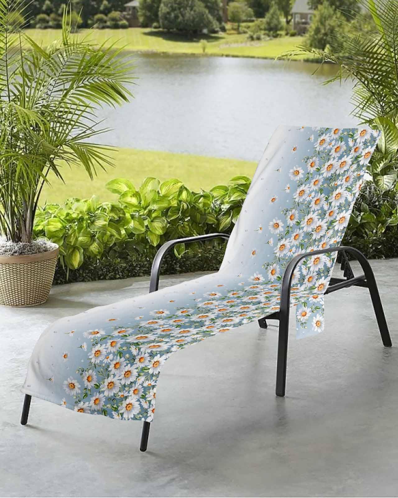 Daisy Floral Beach Chair Towel Covers for Chaise Lounge with Side Pocket, Soft Plush Pool Towels Cover for Patio Sunbathing Outdoor 29''x85'' Ombre Sky Blue Elegant Retro Flower