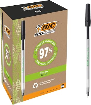 BIC Round Stic ECOlutions Ballpoint Pens - Box of 60 - Black - Medium Writing Point 1.0 mm Large Office Size