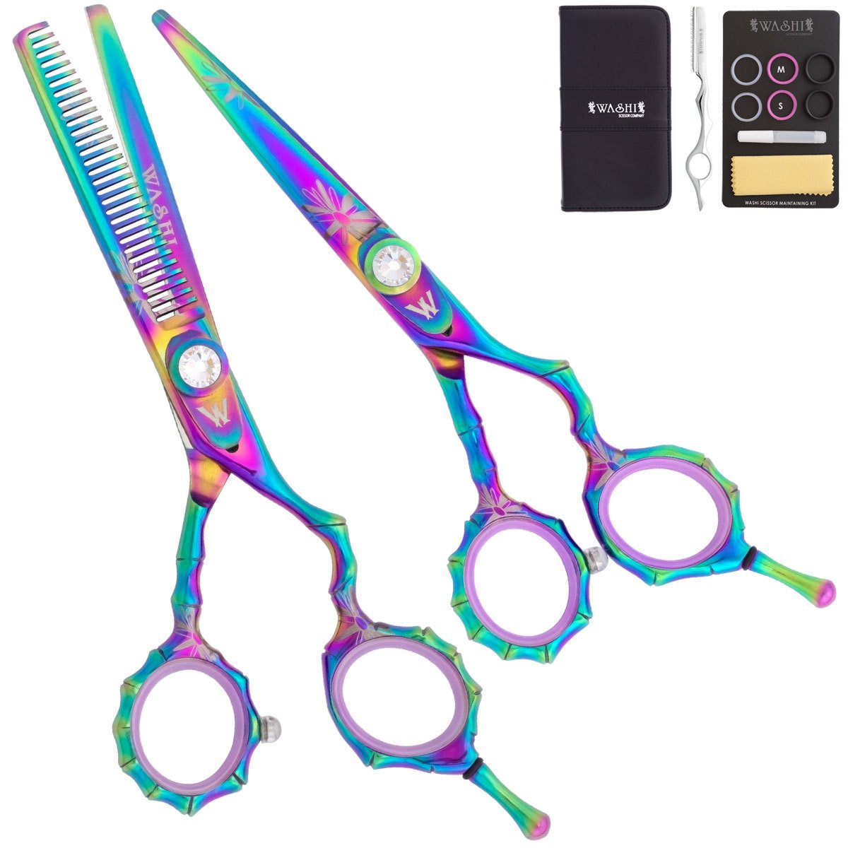 Washi Beauty - Rainbow Bamboo Set w 6.0” Shear 30 Tooth Texturizer, Razor, & Case