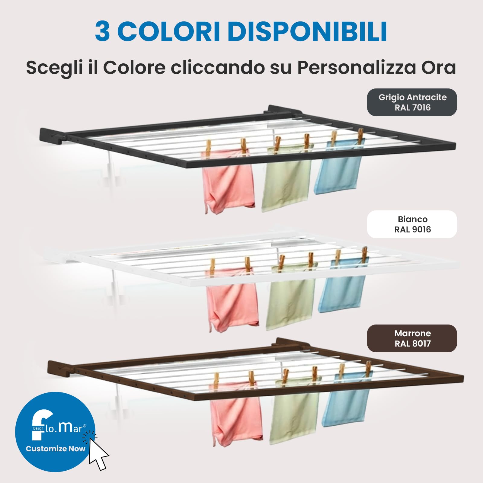 Flo.mar Stendino da Balcone e Parete 150x70 cm - Kit Montaggio Incluso - Stendibiancheria da Esterno Ribaltabile e Salvaspazio in Alluminio - 8 Cavi in Nylon - Stendipanni a Scomparsa (Flip)