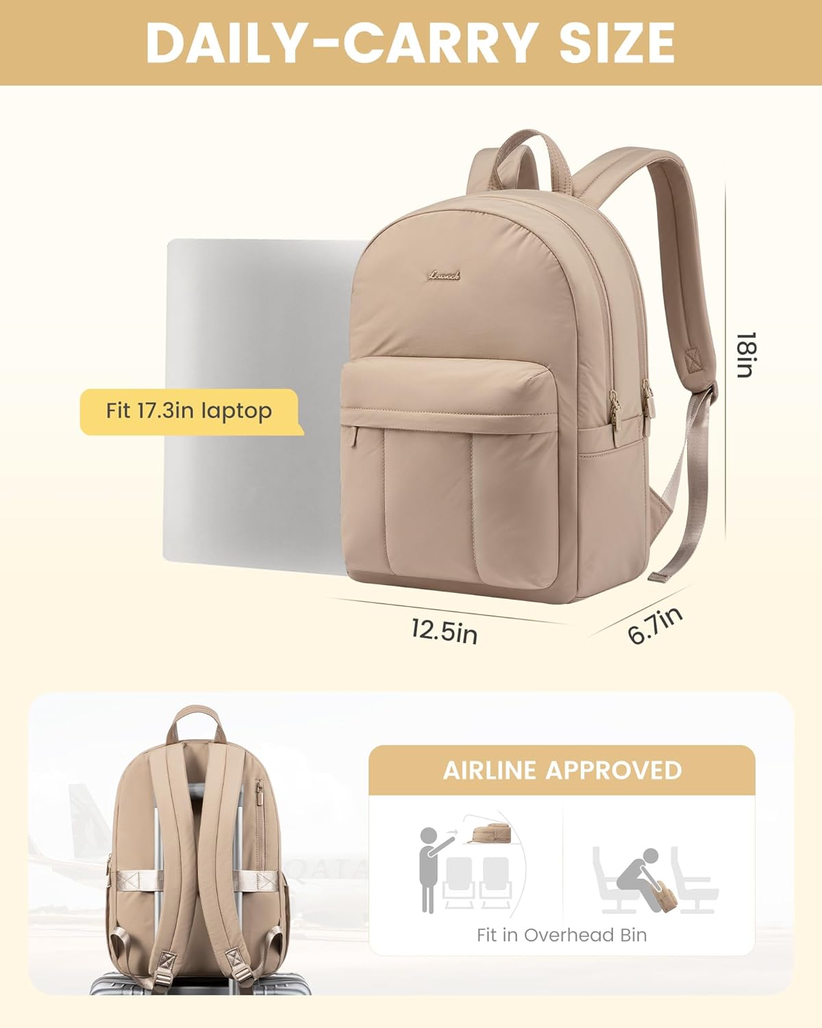 LOVEVOOK Puffer Backpack for Women Girl Travel Work, Lightweight Quilted Laptop Backpack Purse, Cute Bookbag Teacher Nurse Laptop Bag Computer Backpack, Waterproof Casual Daypack,17.3 Inch, Khaki