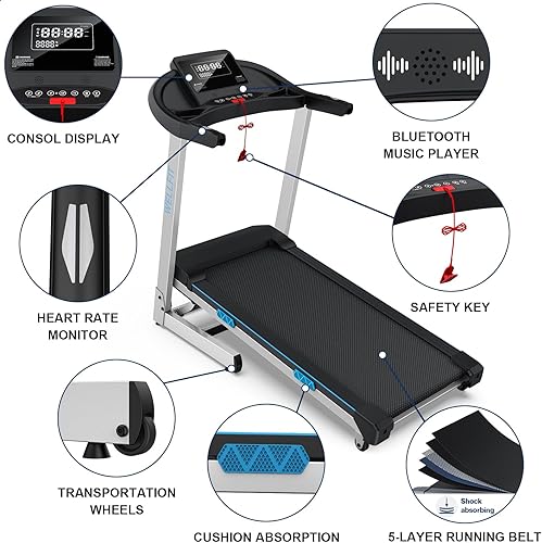 Miniatura 5 de WELLFIT Cintas de correr inclinadas 15% automáticas para gimnasio en casa, 3.75 HP 350 libras de capacidad, cinta de correr Heavyduty, consola LED,