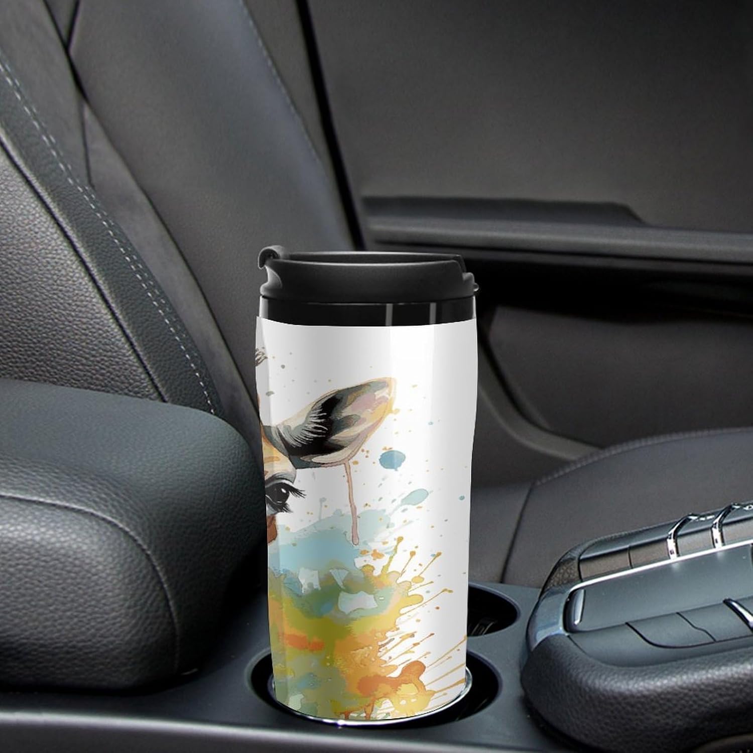 Cute Giraffe Watercolor Coffee Cup Reusable Portable Water Bottle with Double-Walled Plastic,Coffee Mug for Hot & Cold Drinks, Cup Holder Friendly 350ml