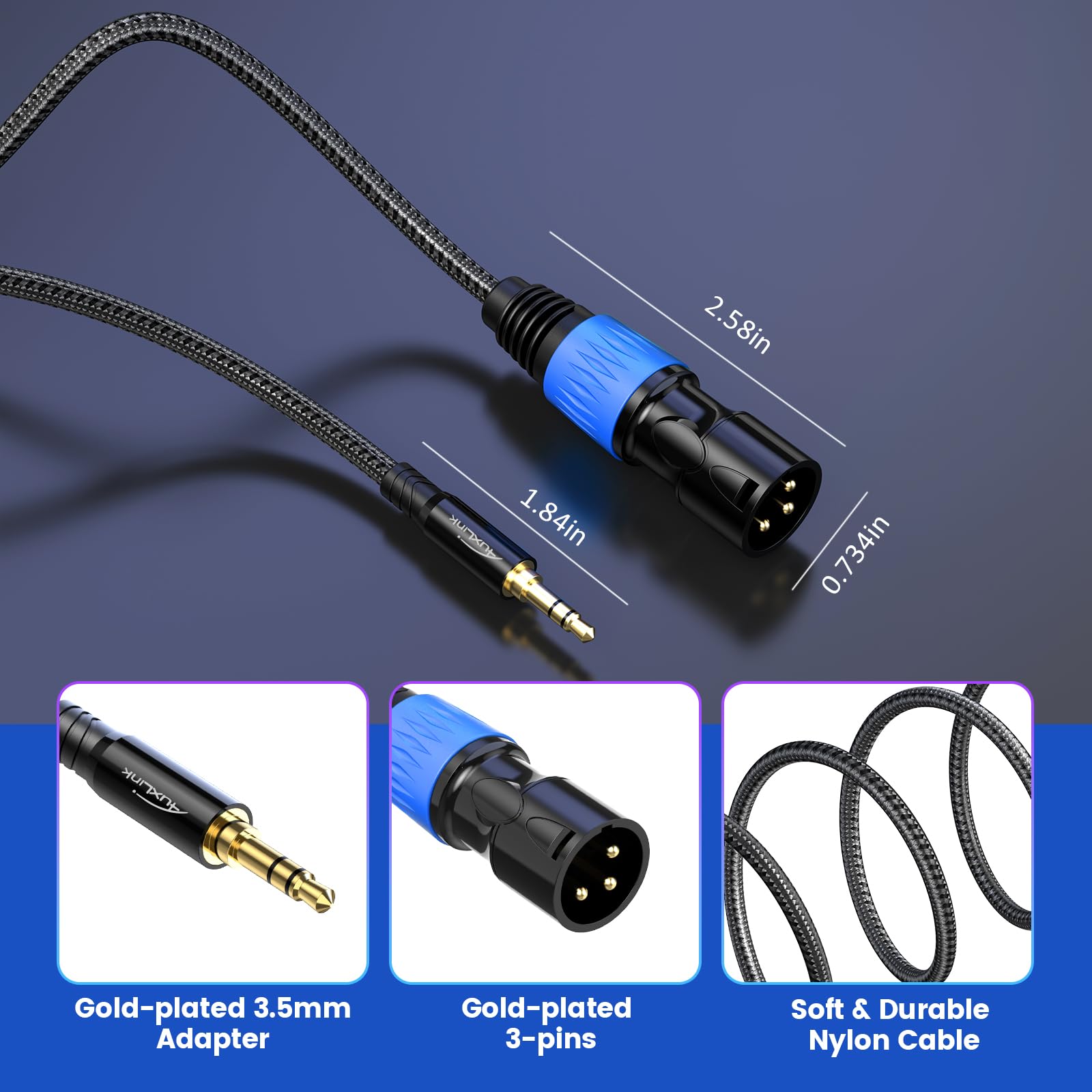 XLR auf 3,5 mm Kabel, 1,8 m, 2 Stück, 0,3 cm auf XLR-Stecker, unsymmetrisches Kabel, TRS auf XLR-Kabel, vergoldet, 3-polig, kompatibel mit Laptop, Lautsprecher