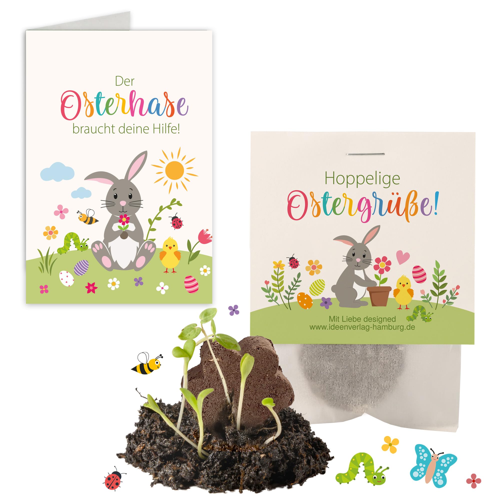 "Hoppelige Ostergrüße" als Samenbomben Mitgebsel Kinder Ostern Geschenke | Blumensamen Tütchen als Osternest Füllung & kleine Ostergeschenke Kinder | Mitbringsel Osterüberraschung mit Ostergedicht