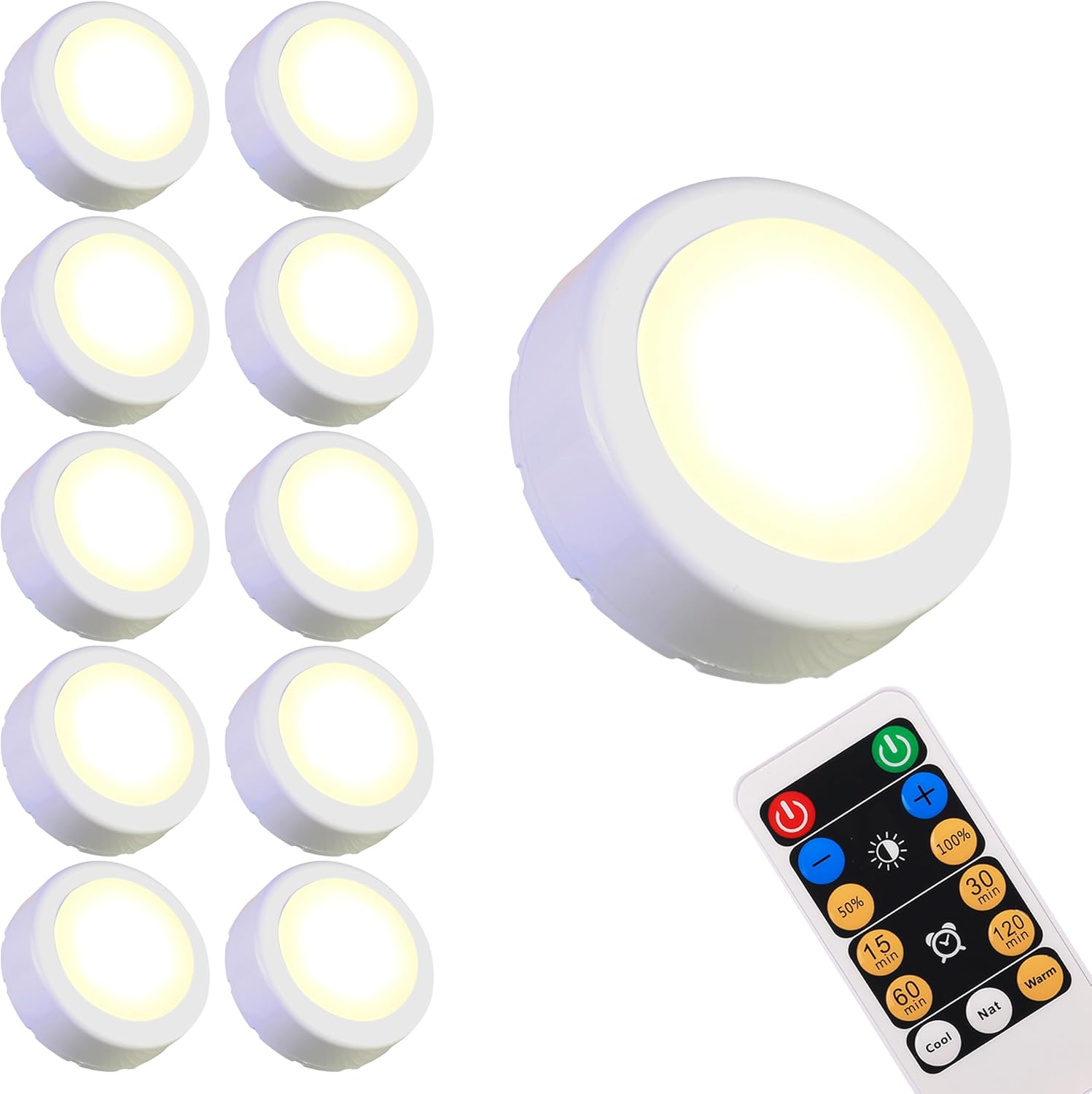 WRalwaysLX Remote Control LED Cabinet Push Light Cool/Warm Adjustable Operates On 3x1.5V AAA Batteries (Not Included) for Kitchen Under Cabinet Lighting,Closets, Cabinets, Counters (10Pack)